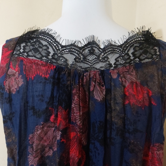 Free People Intimately Blue Red Floral Flowy Lace Short Dress Nightgown Tunic - Picture 8 of 13